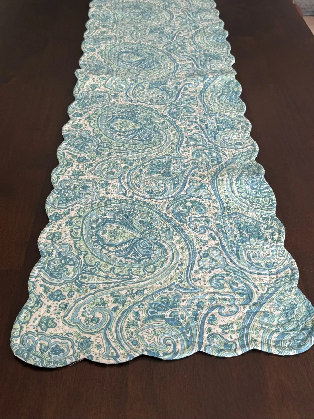 Reversible Quilted Blue Paisley Table Runner Scalloped Edge 14x52